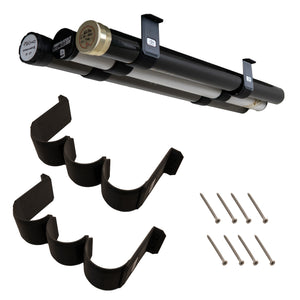 Fly Rod Tube Holder Triple Shelf main image showing tubes mounted, holders alone and included hardware.