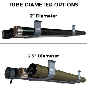 A comparison graphic showing two fly rod tube holder tube diameter options: 2" Diameter and 2.5" Diameter.