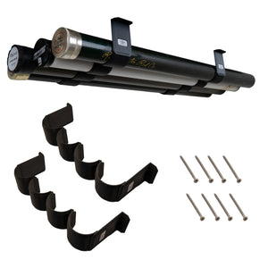Fly Rod Tube Holder Quad Shelf main image showing tubes mounted, holders alone and included hardware.