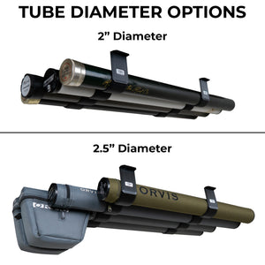 Fly rod tube holder quad shelf tube diameter options image for 2" and 2.5" diameter tubes.