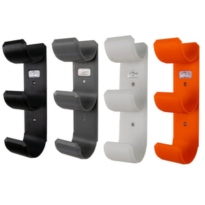 Four wall-mounted hook racks shown side by side in black, gray, white, and orange, photographed on a plain white background.