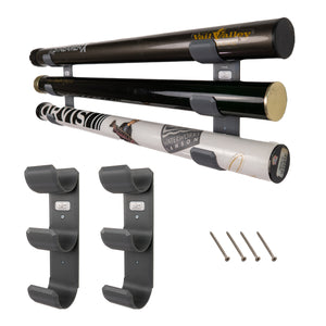 Fly rod tube holder triple wall main image, mounted on a white wall with fishing rod tubes. Showing included hardware and brackets alone.