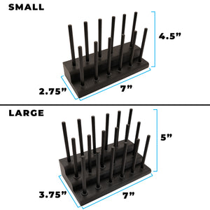 Fly Tying Thread Holder Desk by Pesca Innovations: dimension image showing the size, length, width, and height of the small and large versions.