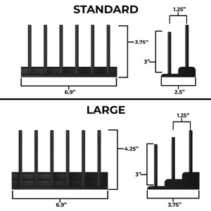 Comparison chart of standard and large fly tying thread holder desk with dimensions.
