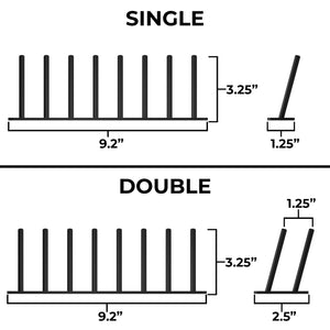 Diagram showing dimensions of single and double fly tying thread holder wall with measurements in inches.