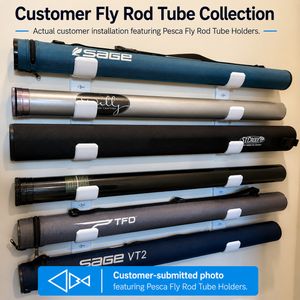 Collection of customers fly rod tubes with visible branding on a light background