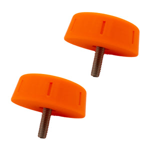Two orange plastic knobs with metal screws on a white background