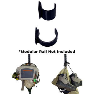 Gear hook attachment alone and with fishing gear mounted on a wall. Text reading "Modular Rail Not Included"