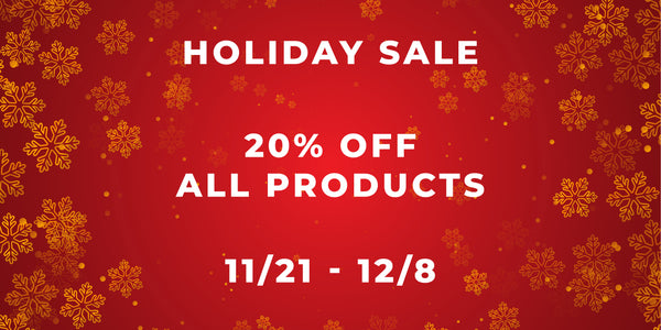 Red background with gold snowflakes and holiday sale text