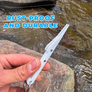 A hand holding a white rust-proof and durable nail knot tool outdoors near a stream, with blue text overlay reading 'RUST-PROOF AND DURABLE'.