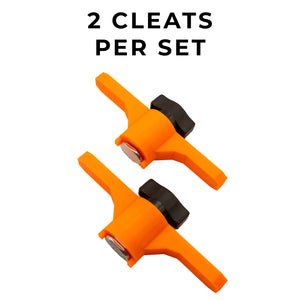 Two orange boat cleats with black thumb screws on a white background, labeled '2 Cleats Per Set'.
