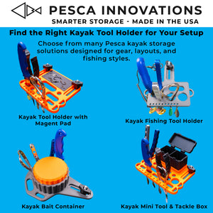 Promotional graphic for Pesca Innovations showing four kayak tool holder configurations on a bright blue background: Kayak Tool Holder with Magent Pad, Kayak Fishing Tool Holder, Kayak Bait Container, and Kayak Mini Tool & Tackle Box. The Pesca Innovations logo and name appear at the top, with descriptive text under each product photo.