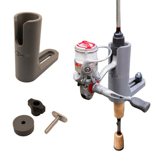 Gray kayak fishing rod holder and mounting kit shown with a fishing rod, reel, and included hardware on a white background.
