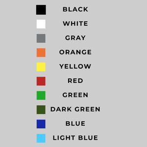 Pesca Innovations kayak product color swatches with labels on a gray background. Colors include: black, white, gray, orange, yellow, red, green, dark green, blue, and light blue. 