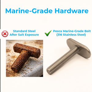 Comparison of standard steel t-bolt rusted after salt exposure versus Pesca Innovation's marine-grade stainless steel bolt.