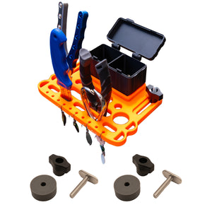 Orange kayak mini tool holder and storage box with open lid and with various tools and accessories on a white background