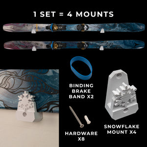image including snowflake mounts, hardware and ski binding brake bands
