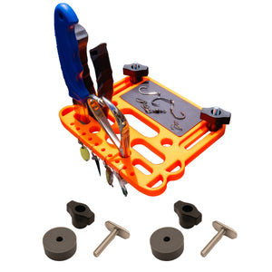 Fishing kayak tool holder with magnet pad and various fishing tools on a white background
