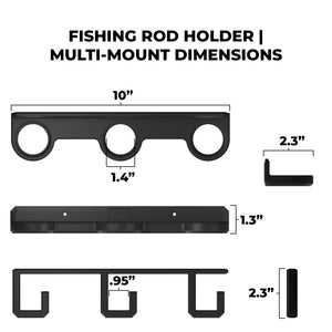 Dimensions of a multi-mount fishing rod holder with various measurements on a white background
