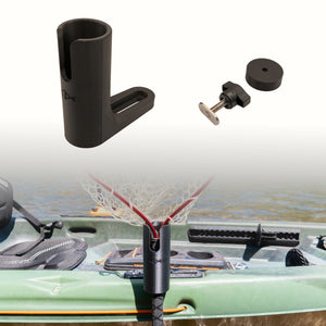 Black kayak fishing net holder with mounting hardware, shown both as a floating product layout and installed on the side of a green kayak over water.