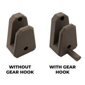 Two gray plastic mounts, one without a gear hook and one with a gear hook, on a white background.