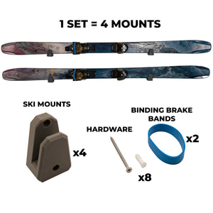 Set of ski mounts with hardware and binding brake bands on a white background