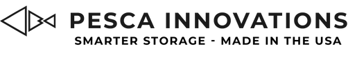 Pesca Innovations logo with tagline 'Smarter Storage - Made in the USA' on a white background. Fishing, skiing, snowboarding, and outdoor gear storage.