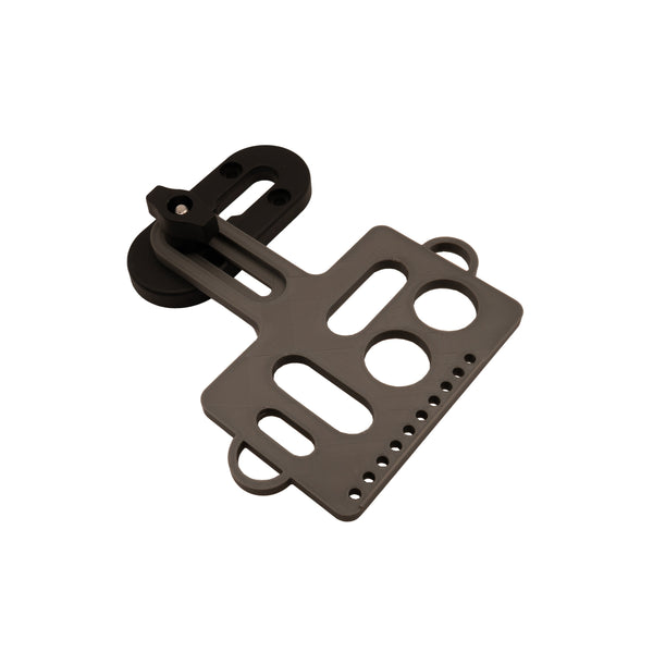 Gray kayak fishing tool holder mounted on accessory rail with white background. 