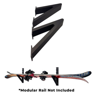 Ski holder attachment alone and with ski mounted on a wall. Text reading "Modular Rail Not Included"