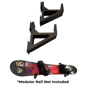 Snowboard holder attachment modular storage system alone and with snowboard mounted on a wall.