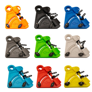 Kayak stakeout pole holder color option image showing the holder in each color: Orange, black, blue, gray, green, white, light blue, red, and yellow.