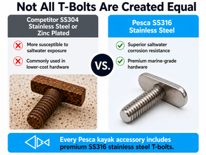 Comparison chart of T-bolts with competitor SS304 stainless steel or zinc plated vs. Pesca SS316 stainless steel.
