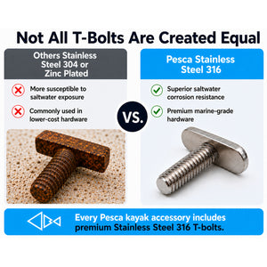 Promotional comparison graphic for Pesca stainless steel 316 T-bolts versus other stainless steel or zinc-plated T-bolts. The top text reads 'Not All T-Bolts Are Created Equal.
