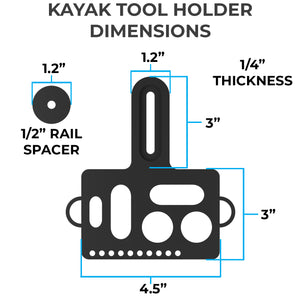 Diagram of kayak tool holder dimensions with measurements labeled.