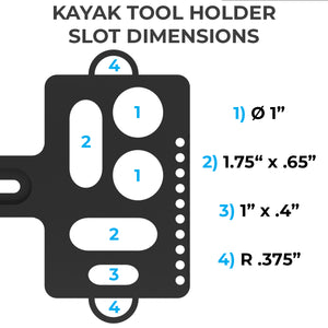 Diagram of a kayak tool holder with tool slot dimensions labeled
