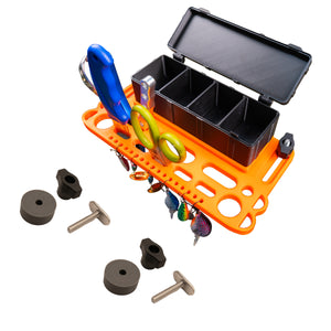 Orange fishing tackle box with various fishing accessories on a white background