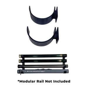 Rod tube holder attachment alone and with fly rod tubes mounted on a wall. Text reading "Modular Rail Not Included"
