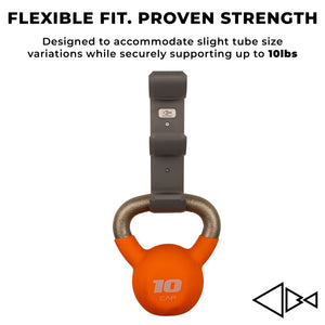 Orange kettlebell with a gray fly rod tube holder on a white background, featuring text about flexibility and strength.