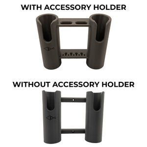 Comparison of fishing rod holder with and without accessory holder on a white background