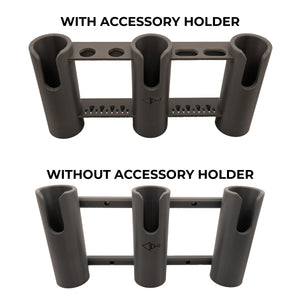 Comparison of a fishing rod holder with and without an accessory holder on a white background.