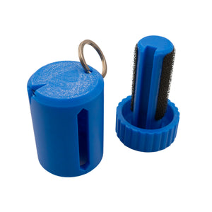 Waste line holder by Pesca Innovations in Blue opened up showing inside on white background. 