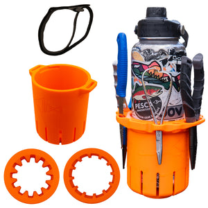 Kayak water bottle holder image showing water bottle holder, water bottle strap, and two different size inserts. 