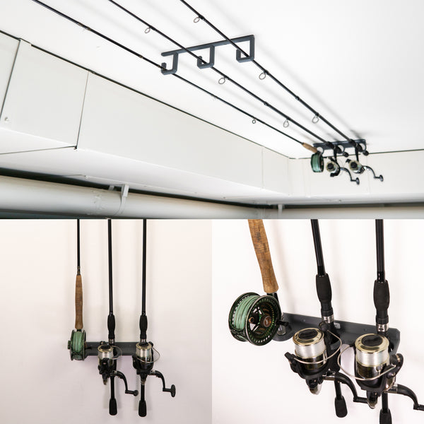 The Multi Mount Fishing Rod Holder by Pesca Innovations can be mounted vertically, on a wall, or ceiling. 