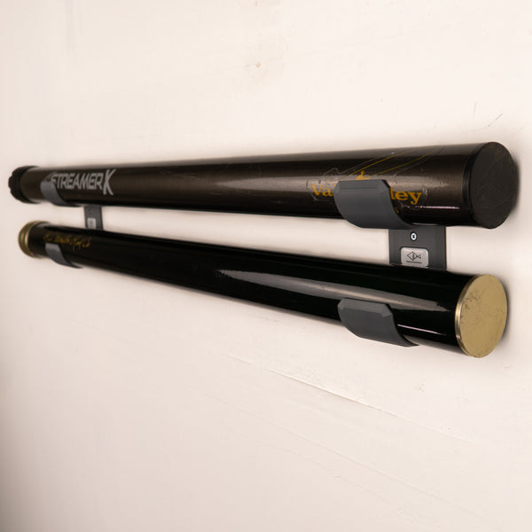 The Fly Rod Tube Holder Double Wall by Pesca Innovations allows you to store any two fly rod tubes on a wall.