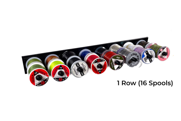 The Fly Tying Thread Holder for your Wall by Pesca Innovations is available in a one row version which can hold sixteen thread spools. 
