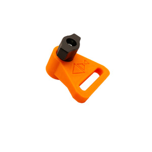 Orange tie down with black thumb screw on a white background