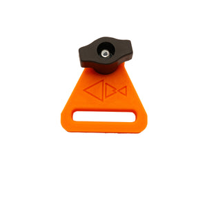 Orange tie down with a black thumb screw on a white background
