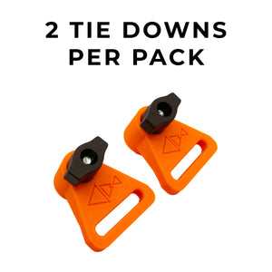 Two orange tie downs with black clips on a white background, labeled '2 Tie Downs Per Pack'.