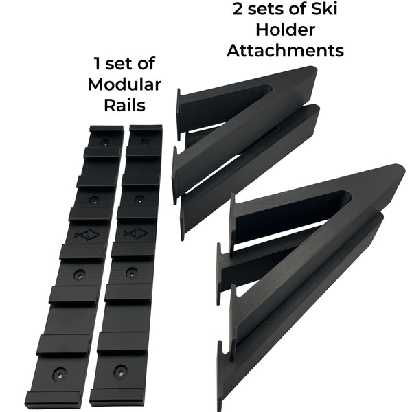 Everything that is Included in the Ski Holder Package: 1 Set of Modular Rails and 2 Sets of Ski Holder Attachments. 