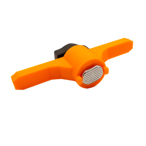 Orange and black kayak cleat with a metallic t-bolt on a white background